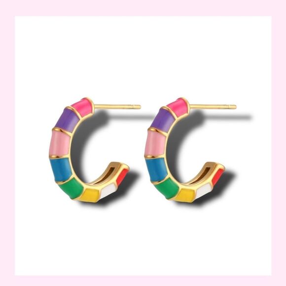 18 karat plated Multicolor Ceramic Mini Hoop Huggie Earrings Minimalist Design - Picture 1 of 12